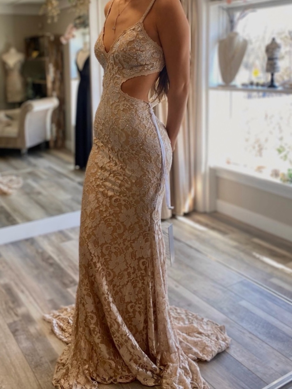 Jovani Nude Lace Rhinestone Cutout Prom Dress - Picture 3 of 3